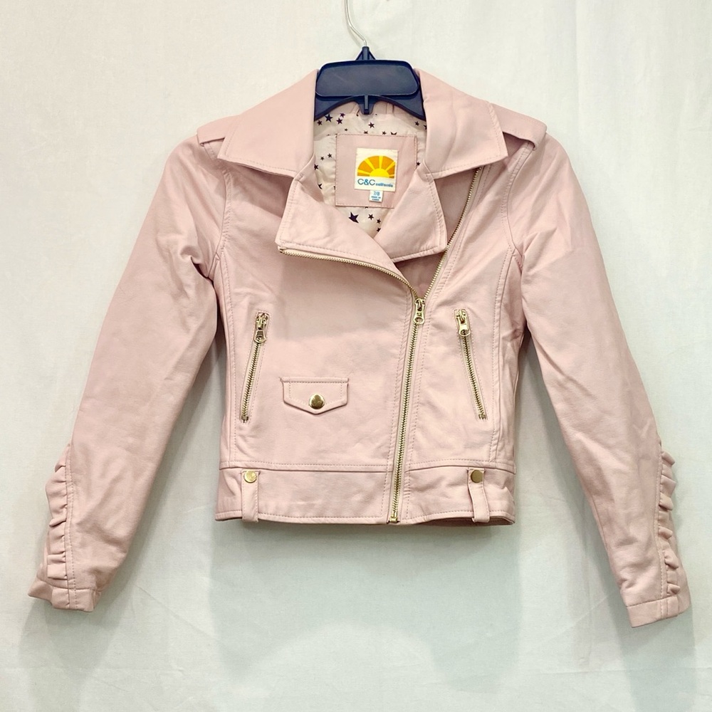 C&C California Pink Faux Leather Moto Bomber Jacket Dusty Gold Zippers size 7/8